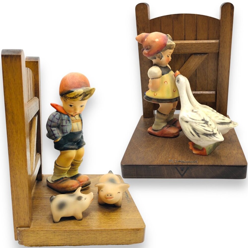 Goebel MJ Hummel Wooden Gate Bookends Goose Girl Farm Boy Pig Cottage Farmhouse